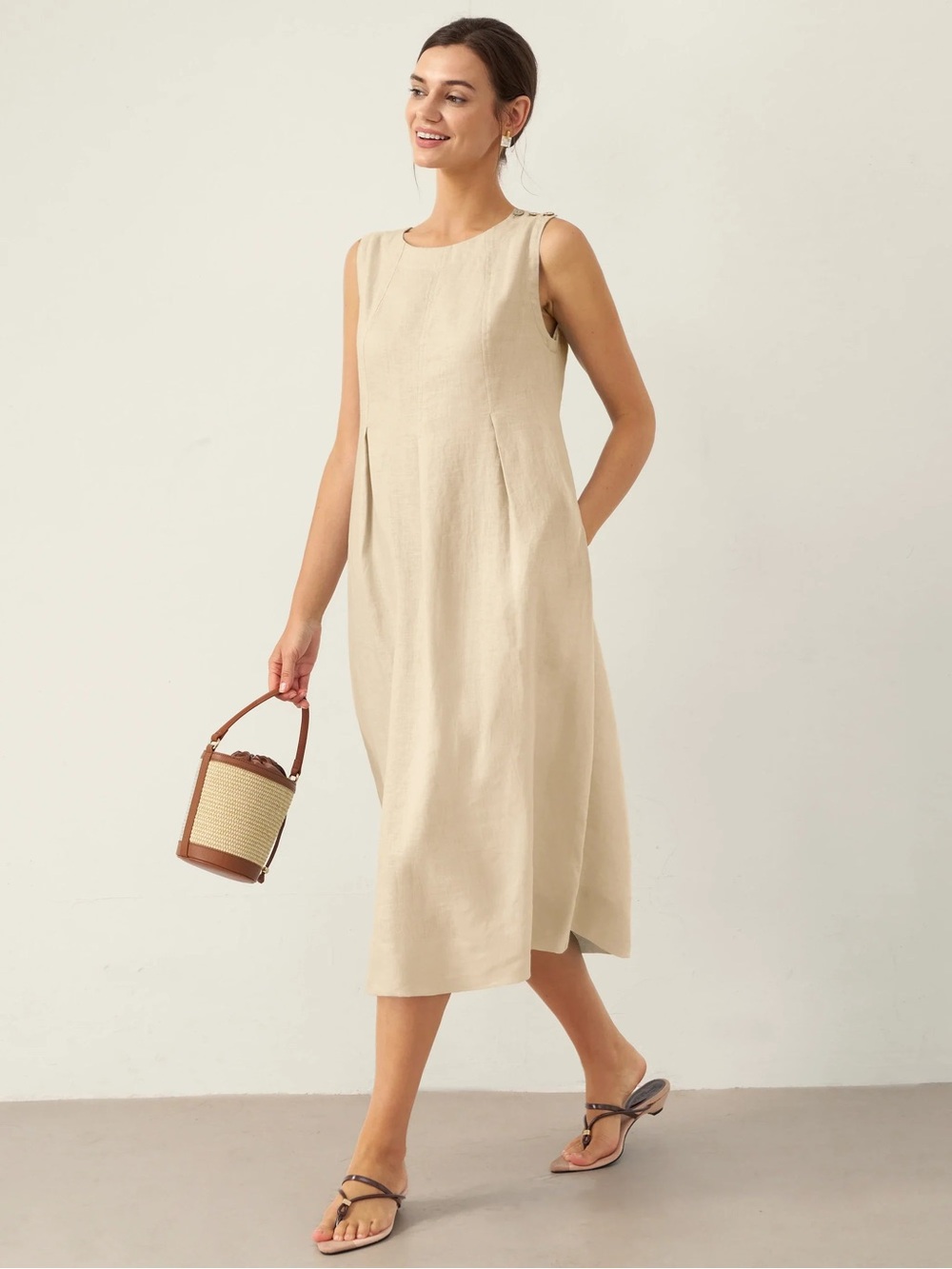 Sleeveless Beige Linen Midi Dress - Classic Summer Dress size XXL like new